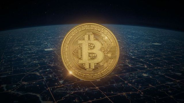 Golden bitcoin glowing above earth's technology network grid