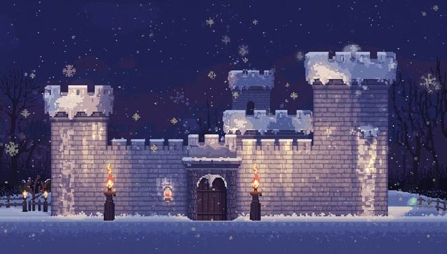 Snow-covered pixel castle glowing by torchlight on winter night