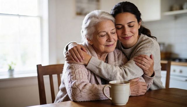 Daughter embracing elderly mother in cozy kitchen with steaming mug and warm knit sweaters