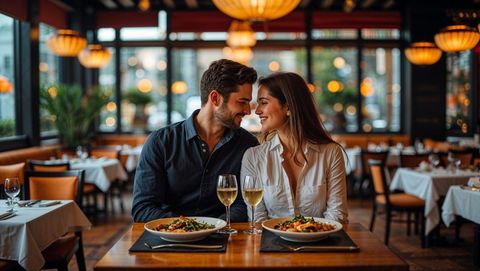 Romantic lovers enjoying dinner in elegant restaurant setting