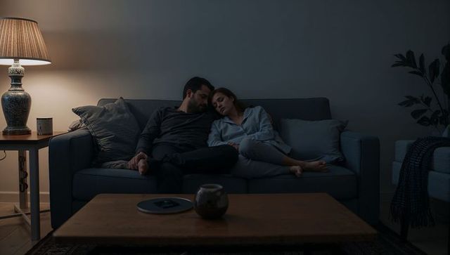 Couple cuddling on dark gray sofa at night under warm lamp light