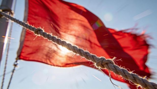 Swaying weathered rope with knot and frayed fibers against backlit red flag on sailboat