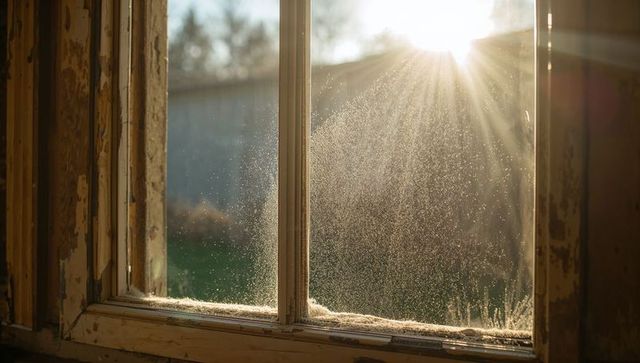 Sunlight streaming through weathered wooden window with dusty sill and floating dust motes