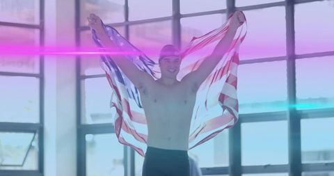 Triumphant Swimmer Holding American Flag in Swim Center