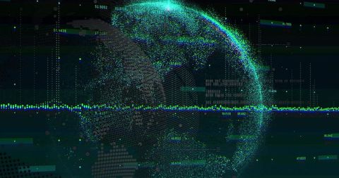 Neon Data Globe Visualizing Global Network Traffic with Pulsing Waveform and Point Cloud