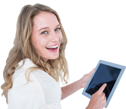 woman engaging with tablet, promoting technology use or app interface design. transparent background makes it versatile for marketing materials in tech and lifestyle themes.