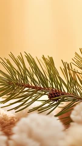 Sliding vertical video revealing pine twig with cone on cream rug and warm gold backdrop