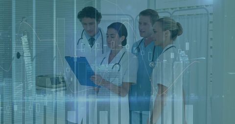 Team of doctors discussing patient data with technology interface