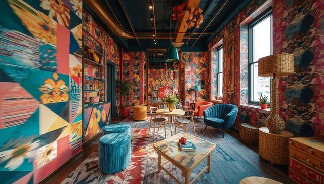 Vibrant eclectic lounge with velvet chairs, floral wallpaper, poufs and coffee table