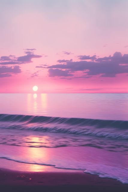 Stunning scene of ocean at sunset with pink and purple sky casting reflections on calm water and sand. Perfect for peaceful and tranquil themed designs, travel ads, and backgrounds for relaxation content.