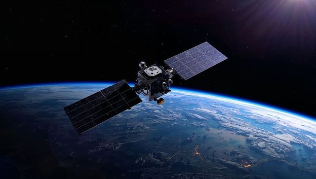 High-Resolution Satellite Orbiting Earth with Dual Solar Arrays and Sun Flare Horizon