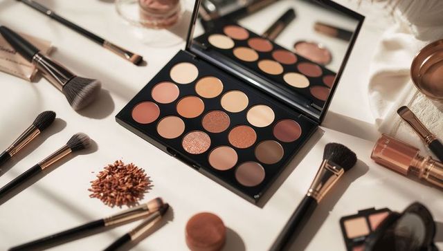 Warm neutral eyeshadow palette with mirror and makeup brushes on light vanity flatlay