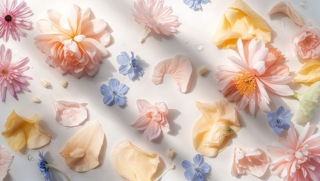 Pastel floral flatlay featuring peach peony, blush dahlia, pink daisies and blue blooms
