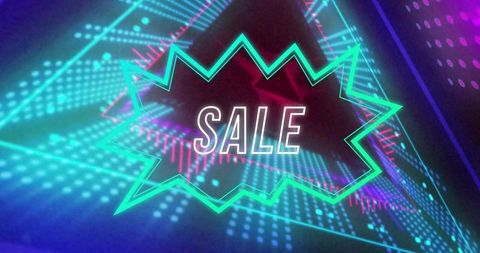 Neon starburst sale badge on futuristic led grid with glowing triangular geometric lines