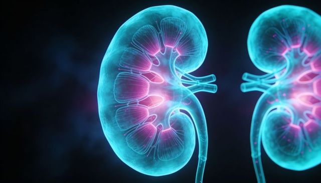 Glowing neon kidneys showing internal renal anatomy and nephron pathways