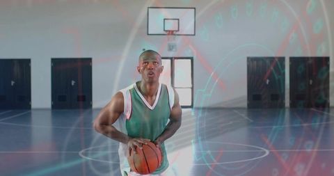 Basketball player ready for free throw with futuristic graphics overlay