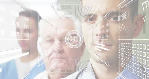 Medical team using augmented reality diagnostics with holographic patient data displays