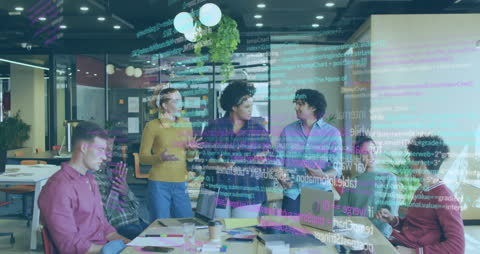 Diverse Team Collaborating with Overlay of Financial Data Graphs