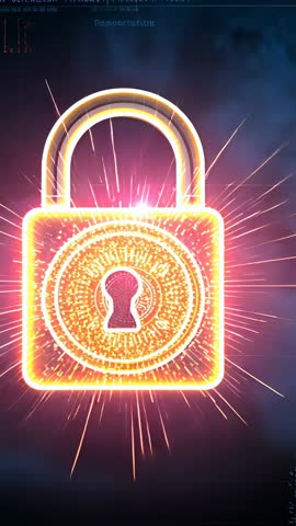 Vertical neon padlock pulsing sparks on cyber UI background for data security