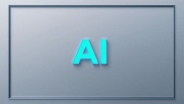 Cyan 3d ai letters glowing and centering on matte gray-blue panel with recessed border