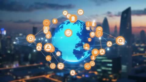 Global Digital Connectivity Network Over City at Dusk