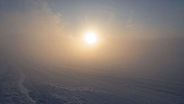Sun Breaking Through Thick Fog Over Snowy Road with Tire Tracks at Sunrise