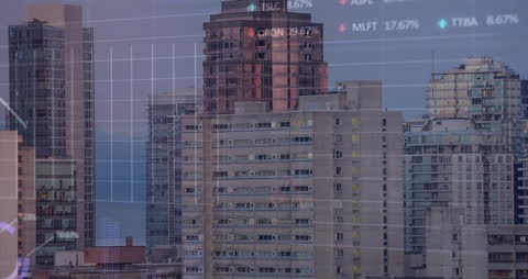 Financial Data Overlay on Urban Skyline at Dusk