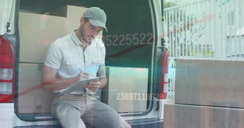 Courier managing deliveries with financial data overlay