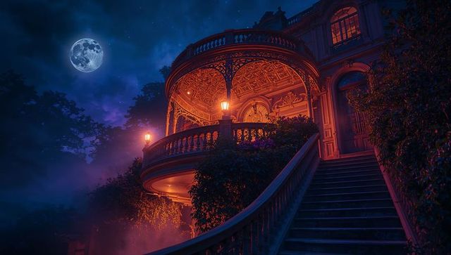 Elegant veranda under moonlight with vintage lantern light