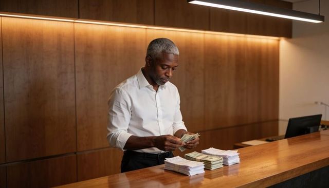 Bank teller counting cash at wood-paneled reception desk stacking banknotes for audit