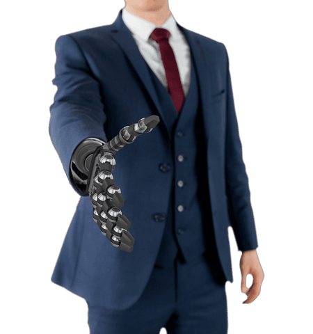 Transparent Businessman with Robotic Hand Offering Handshake