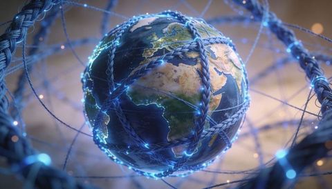 Earth connecting through braided fiber optic network with glowing city nodes