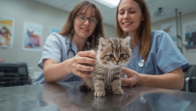 Veterinary technicians examining fluffy tabby kitten on stainless steel exam table