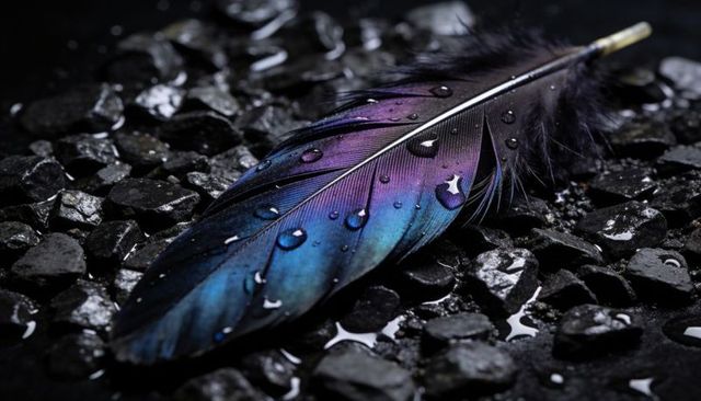 Iridescent blue-purple feather with dewdrops on glossy black pebbles, macro texture
