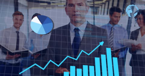 Businessman Analyzing Data with Graphic Overlay in Modern Office
