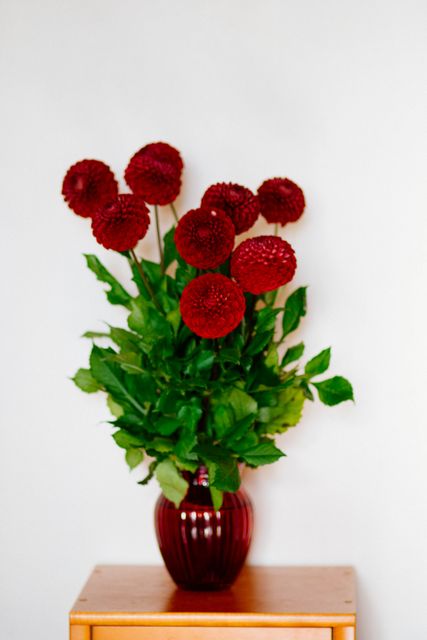 Red Chrysanthemum Flowers in a Vase on Wooden Stand - Download Free Stock Photos Pikwizard.com