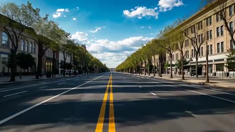 Low-angle glide down tree-lined boulevard revealing double yellow centerlines, timelapse