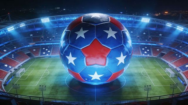 Glowing giant soccer ball dominating stadium center with patriotic red white blue stars