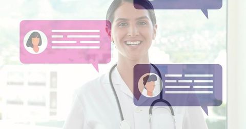 Smiling female doctor with chat bubbles showcasing telemedicine technology