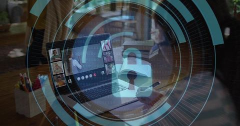 Securing Remote Team Video Call with Digital Padlock HUD and Home Office Note Taking