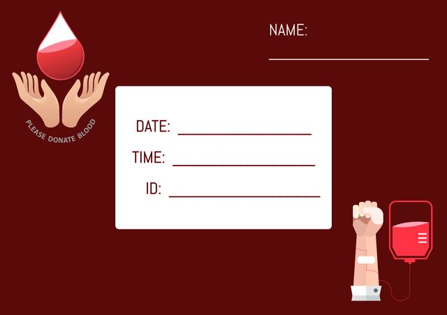 Illustration features a reminder card for blood donation with dedicated fields for name, date, time, and ID. Ideal for medical centers, blood drives, donation campaigns, and healthcare awareness programs. Encouraging and informative, it serves as a useful tool to remind donors of their appointment.