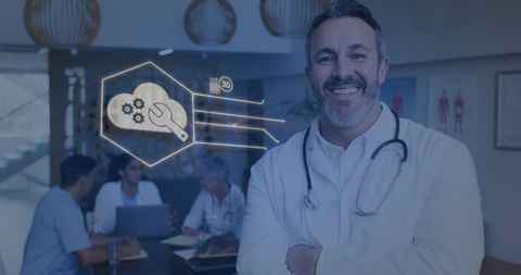 Confident Doctor Posing with Diverse Medical Team in Office Setting