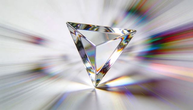 Crystal tetrahedron refracting rainbow spectrum, minimal refraction and light dispersion