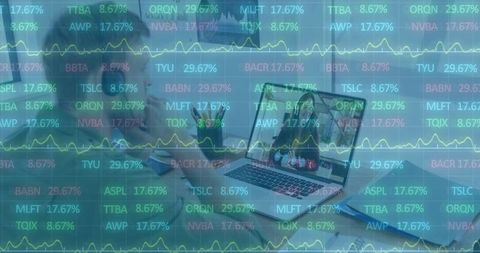 Family joining video call while exploring home trading dashboard with stock ticker overlay