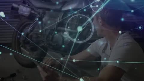 Mechanic Diagnosing Motorcycle with Futuristic Digital Interface