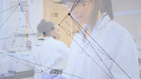 Asian Female Scientist Working in Laboratory with Technology Overlays