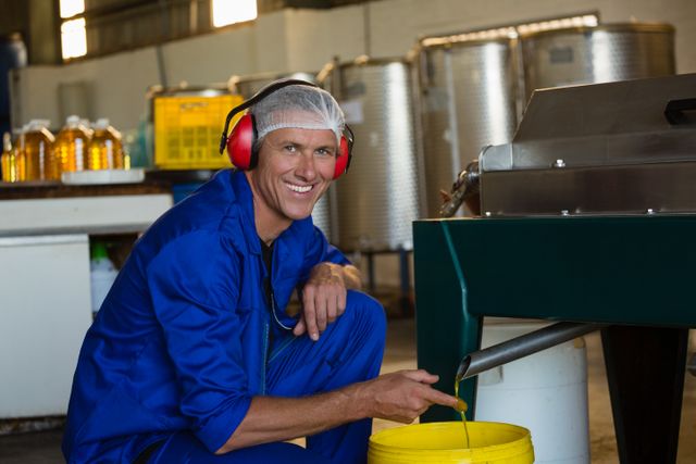 Portrait of smiling worker removing olives oil from machine