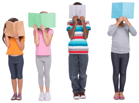 Diverse Children Covering Faces with Books on Transparent Background