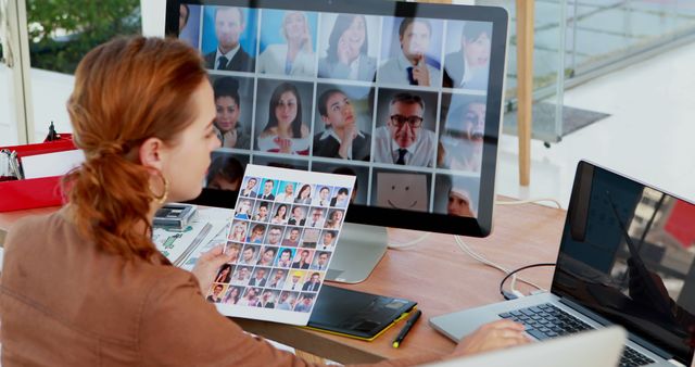 Businesswoman Participating in Online Conference Call with Collage of Faces - Download Free Stock Images Pikwizard.com