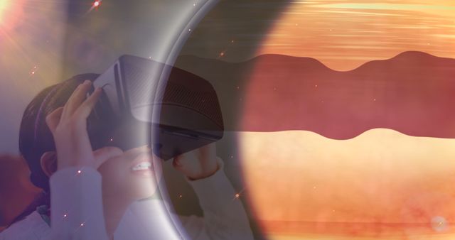 Young woman exploring a digital space simulation using a VR headset, partially superimposed with a planet, creating a surreal experience. Ideal for illustrating virtual reality technology, futuristic concepts, and interactive space exploration. Can be used in technology blogs, VR and gaming advertisements, educational materials, and sci-fi themed content.